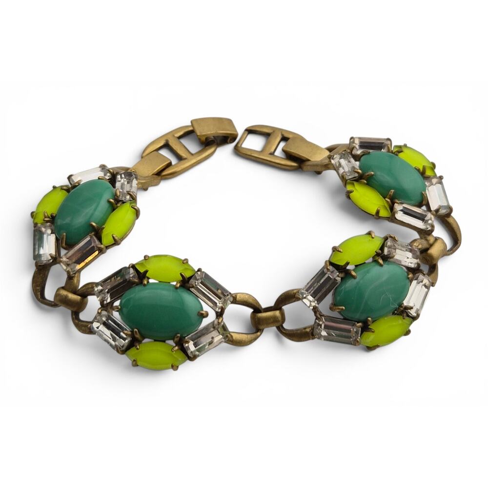 Stella & Dot Green Art Glass Rhinestone Bracelet Gold Tone